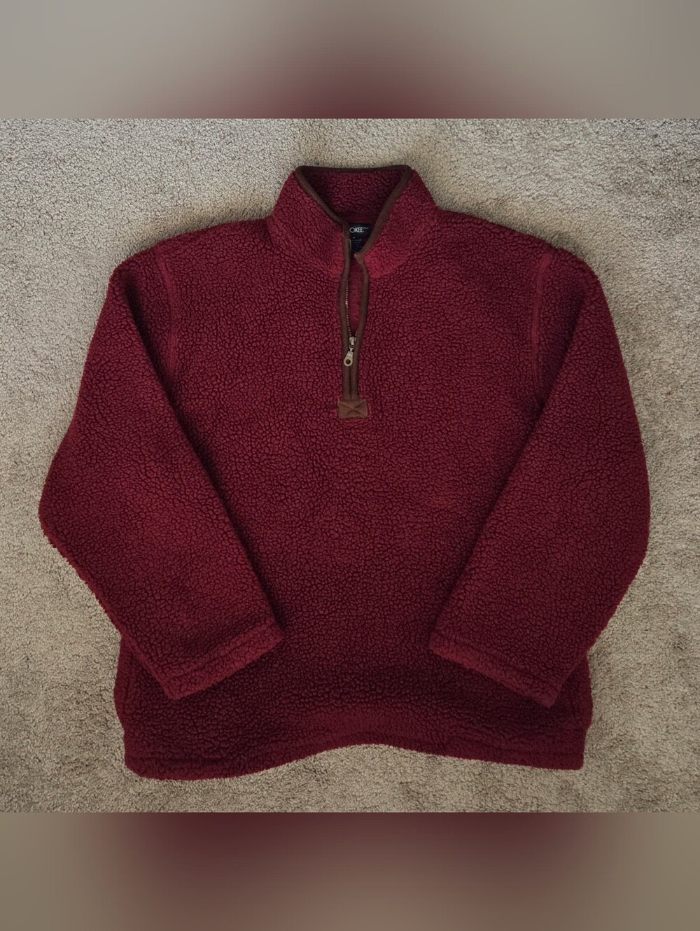 Cherokee Burgundy Sherpa Quarter-Zip Sweater Men's Medium (Fits Like Large)